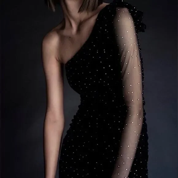 ZARA Dress One Shoulder Black Rhinestone Size XS • BLOGGER FAVORITE • - Picture 10 of 17